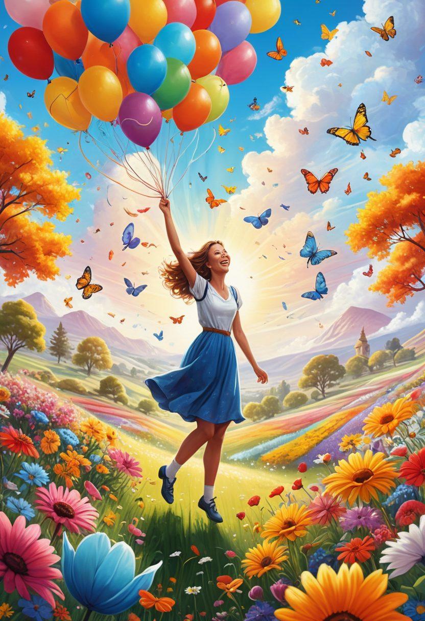 A whimsical illustration of a person surrounded by vibrant flowers, floating balloons, and cheerful animals, embodying a sense of joy and lightheartedness. The background shows a bright and sunny landscape with fluffy clouds, symbolizing a carefree mindset. Incorporate playful elements like smiley sun and dancing butterflies to enhance the theme of happiness. vibrant colors. illustration. cheerful style.
