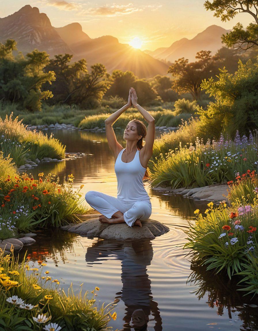 A serene sunrise over a tranquil landscape, featuring colorful wildflowers in bloom and a gentle stream reflecting sunlight. In the foreground, a joyful figure practicing yoga, radiating warmth and positivity, surrounded by butterflies and birds in playful flight. Emphasize a sense of peace, happiness, and enlightenment. vibrant colors. super-realistic. nature-inspired.
